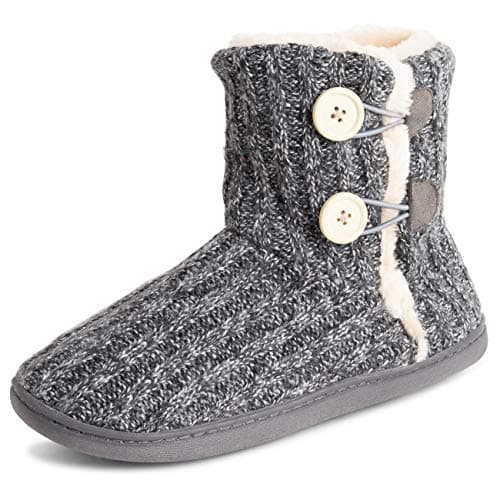 Image of Polar Womens Memory Foam Knitted Button Faux Fur Outdoor Rubber Sole Plush Winter Comfort Slippers - Grey - UK7/EU40 - YC0717