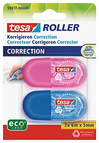 Image of tesa UK Mini Roller Correction ecoLogo - 2 Pack Multicoloured Small Ergonomic White Out Tape, Tape Size 6 m x 5 mm