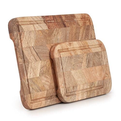 Image of Woodluv Mango Wood Chopping Cutting Board Set of 2 - Strong, Durable & Hard Wearing Serving Chopping Board with Juice Grooves