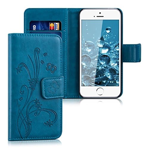Image of kwmobile Wallet Case Compatible with Apple iPhone SE (1.Gen 2016) / iPhone 5 / iPhone 5S Case for Phone - Butterfly Tendril Dark Blue