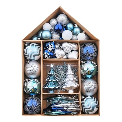 Image of Valery Madelyn Christmas Baubles for Tree Decorations, 70pcs 3-9cm Silver & Blue Christmas Ball Ornaments, House Shape Pack
