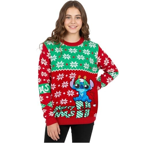 Image of Disney Stitch Girls Knitted Christmas Jumper, Cosy Funny Xmas Sweater - Stitch Gifts for Girls (Red/Green, 11-12 Years)
