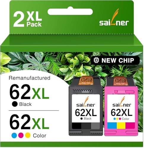 Image of SAILNER 62XL Ink Cartridges Black and Colour Multipack Replacement for HP 62 Ink Cartridges Twin Pack High Yield for Envy 5540 5544 5640 5546 5644 5541 5640 5646 5542 OfficeJet 5740 200 250 (2-Pack)
