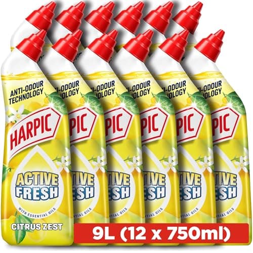 Image of Harpic Active Fresh Toilet Cleaning Gel, Citrus Zest, 750ml (12 x 750ml, Total 9.0L), with Essential Oils, Anti-odour, Toilet Cleaner, Kills 99.9% of Bacteria