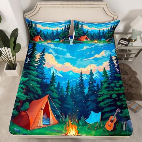 Image of Homewish Woodland Night Fitted Sheet Single Campfire Bed Sheets Boys Tent Adventure Bedding Set, Cartoon Scene Bedclothes Room Decor Bed Cover 2 Pcs