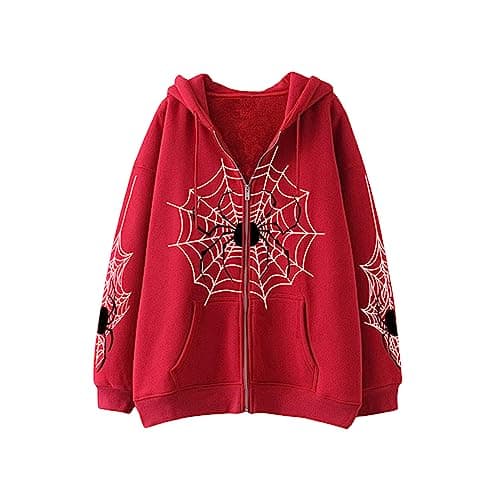 Image of FeMereina Unisex Y2k Zip Up Hoodie Punk Goth Spider Graphic Print Sweatshirt Casual Aesthetic Oversized Jacket Harajuku Streetwear (Red, XL)