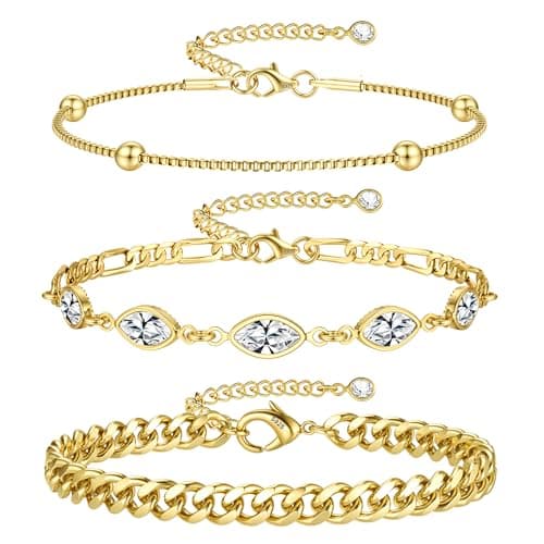 Image of FIOROYAL Silver Bracelets for Womens 925 Sterling Silver Bracelet Ladies Silver Bracelet Set, Adjustable Layered Dainty Link Chain Bracelets Gold Bangle Wrist Jewellery Gifts for Women BGold