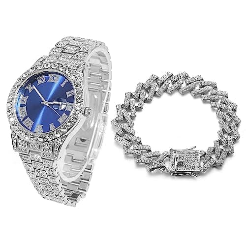 Image of HALUKAKAH Blue Dial Diamonds Gold Watch Iced Out, Men's Platinum White Gold Plated Quartz Wristband 24cm, with Cuban Link Bracelet 20cm, Free Giftbox