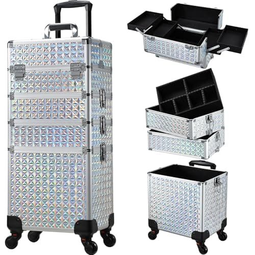 Image of Joligrace 4-in-1 Beauty Trolley on Wheels Tall Vanity Case for Women Makeup Box Make Up Professional Large Makeup Case Organiser Rolling Box Nail Technician case with Locks (Silver)