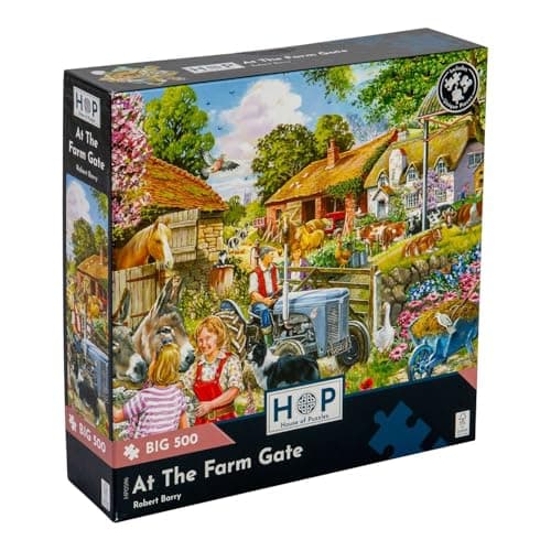 Image of The House of Puzzles - At The Farm Gate Jigsaw - Big 500 Piece Jigsaws For Adults, Extra Large Pieces, Artist Illustrated, Scenic Landscape, Deluxe Puzzle Gifts