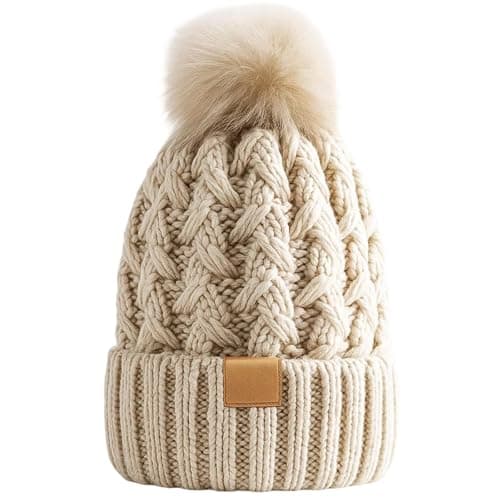 Image of YgonziRuvc Beanie for Women, Winter Knit Hat, Warm Bobble Hat for Outdoor Activities, Fashionable Winter Hats for Women, Cream White, Women's Hats & Caps