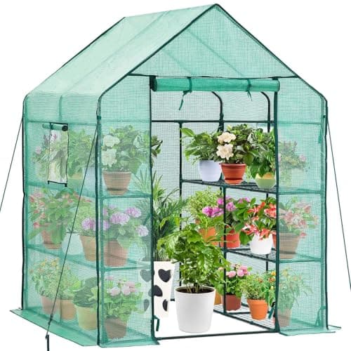 Image of Taylor & Brown Large Walk In Greenhouse with 2 Windows, 8 Shelves Cold Frame Large Reinforced PE Cover Outdoor Garden Steel Frame Plants Shelf Grow House - W143 x D143 x H195cm