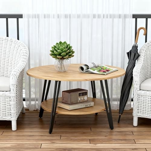 Image of Manora Oak Coffee Table Round,Modern Farmhouse Center Table 2-Tier with Storage 8mm Solid Metal Feet,Wooden Sofa table scandinavian for living room,small spaces