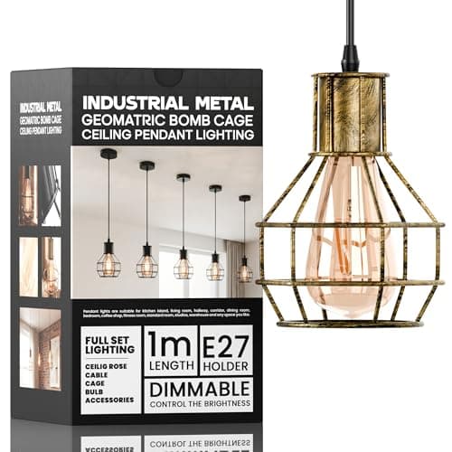 Image of DC VOLTAGE Brushed Copper Cage Pendant Light E27 with Bulb, 90cm Adjustable Wire Basket Ceiling Lantern, Industrial Metal Hanging Lamp for Kitchen Dining Room Hallway