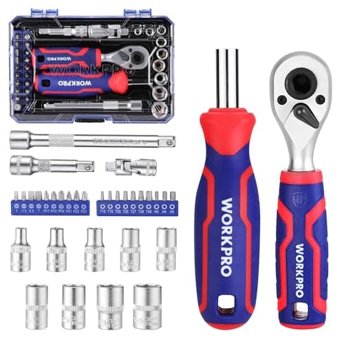 Image of WORKPRO 34-Piece 1/4" Socket Set, Ratchet & Bit Socket Set, Wrench Set with Extension Bar for DIY, Car Repair, and Daily Maintenance, Includes Tool Box