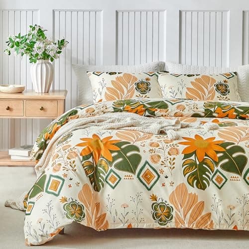 Image of Lekesky King Size Duvet Cover Sets Sunflower Bedding - Vintage Floral and Leaf Pattern Print King Duvet Set (1x Quilt Cover, 2x Pillowcases) Soft Microfibre Mustard Bedding 230x220 cm