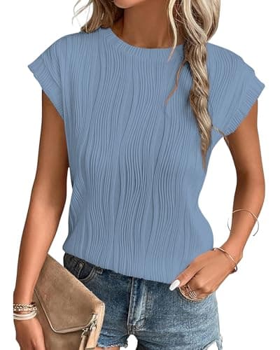 Image of MOLERANI T Shirts for Women - Short Sleeve Ladies Tops Round Neck Blouses Tees Solid Summer Knit T-Shirts Sky Blue L