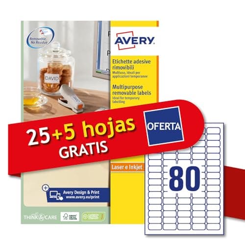 Image of Avery Italia L4732REV-30P White Paper Adhesive Labels Removable No Residue,25+5 Extra Sheets, Rectangular 35.6x16.9mm, 80 Labels Per Sheet, Removable Sticker, Laser/Inkjet Printing