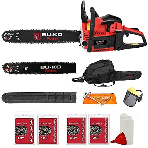 Image of BU-KO 65cc Petrol Chainsaw 3.89HP 20" Bar with 2 Chains and 16" Bar with 2 Chains - Cover Bag and Full Safety Gear