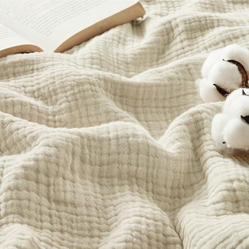 Image of Bedsure 100% Cotton Muslin Throw Blanket - Soft Cozy Muslin Gauze Summer Cooling Blanket, 4-Layer Breathable and Lightweight Throws for Sofas Couch Decor, Beige, 130x150 cm