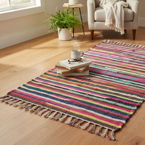 Image of Hieftan Handmade Cotton Chindi Rug – Multicoloured Striped Recycled Decorative Area Rug Mat for Living Room & Bedroom 160x230 cm