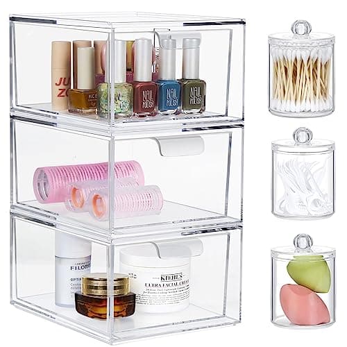 Image of Greentainer Makeup Organizer With Drawers - Stackable Clear Plastic Organizer Drawers,4.5 Inches Tall Organize Cosmetics and Beauty Supplies on a Vanity (Clear 3 Pack with 3 Qtips Holder)