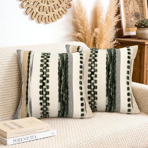 Image of Joymaison Boho Olive Green Striped Cushion Covers 45 x 45 Pack of 2 Farmhouse Soft Chenille Square Throw Pillow Case Decorative Sofa Cushion with Invisible Zipper