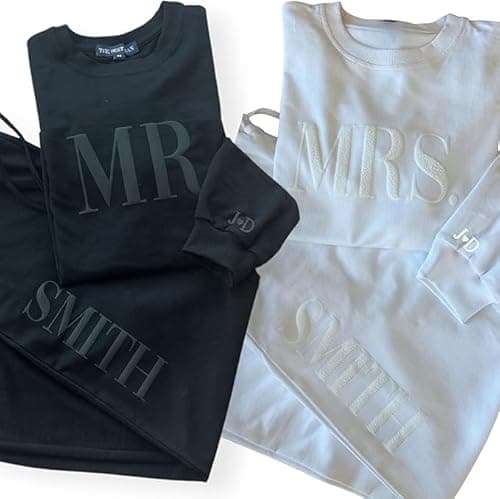 Image of BlushBridesCo - Mrs and Mr Sweatshirt with Jogger set - Honeymoon Outfit - Bridal Shower Gift - Mrs Sweatshirt - New Mrs Gift - For Bride and Groom White