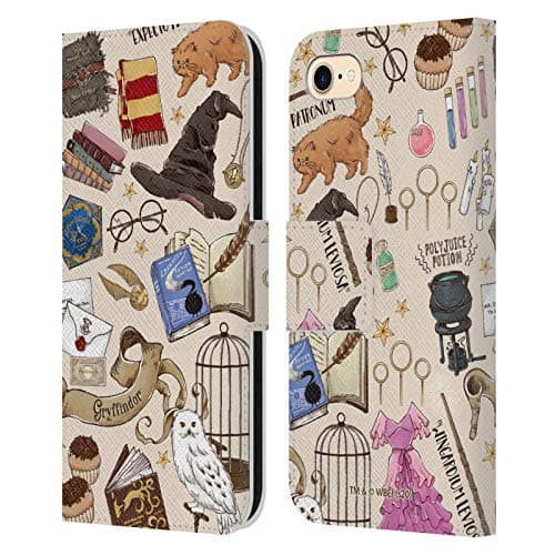 Image of Head Case Designs Officially Licensed Harry Potter Hogwarts Pattern Deathly Hallows XXXVII Leather Book Wallet Case Cover Compatible With Apple iPhone 7/8 / SE 2020 & 2022