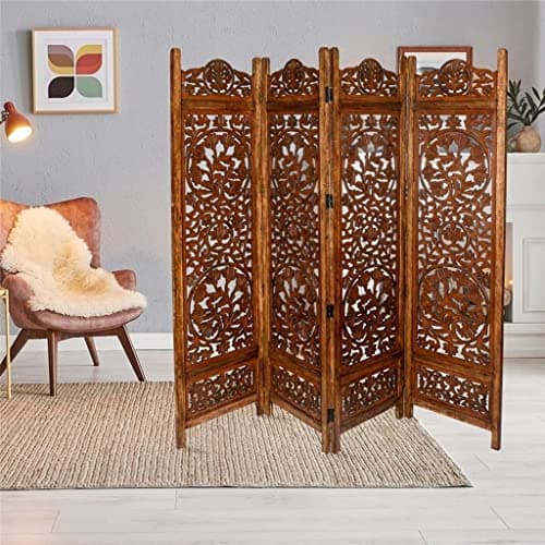 Image of Topfurnishing 4 Panel Room Divider Free Standing Mango Wood Hand Carved Folding Screen Partition Privacy Screen Decorative Headboard (Lotus Design, Light Brown, 200 x 180 cm)