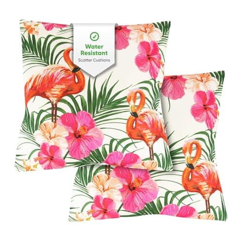 Image of Gardenwize Pack of 2 Outdoor Scatter Cushions – Flamingo Palm Design Garden Furniture Cushions, Weather Resistant Decorative Pillows, Includes 2 Covers & 2 Cushion Inserts