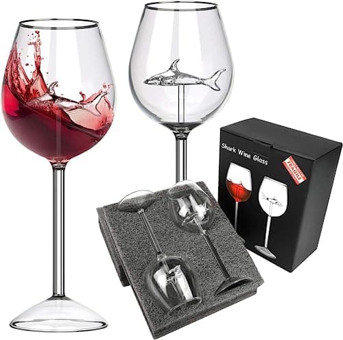 Image of ROXANEPIG Shark Wine Glasses Set of 2,Red-Wine Glass with Shark Inside,Crystal Goblets Sharks Wineglass Novelty Great Gifts for Wedding, Anniversary, New Year, Christmas, Birthday Party