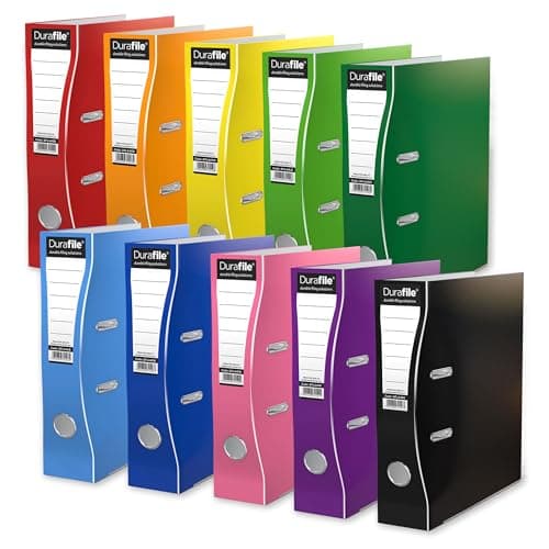 Image of Durafile Lever Arch Files, Pack of 10 Folders Vibrant Assorted Colours, Heavy Duty Board Construction A4 Lever Arch File Organiser, Ideal Folders for Paperwork A4 for School, Home and the Office
