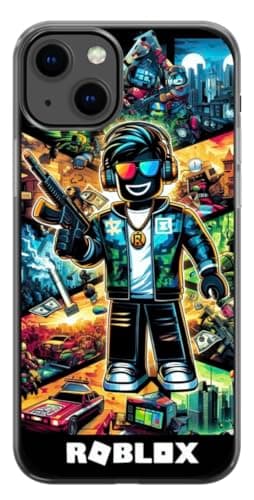 Image of EZB Fun Gaming Theme Ro-blox iPhone Compatible Phone Case | Flexible Shock Absorbent Edges Colourful unique Pop Art Phone Cover | Ro-blox Character (iPhone 8) Black