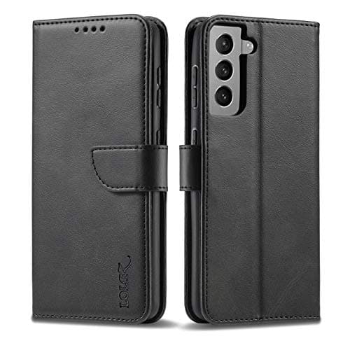 Image of LOLFZ Wallet Case for Samsung Galaxy S21 5G, Vintage Leather Book Case with Card Holder Kickstand Magnetic Closure Flip Case Cover for Galaxy S21 5G - Black