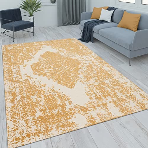 Image of Paco Home Area Rugs Livingroom Short Pile Large Rug Bedroom Vintage Moroccan Pattern Oriental Ornaments, Size:80x150 cm, Colour:White-Yellow