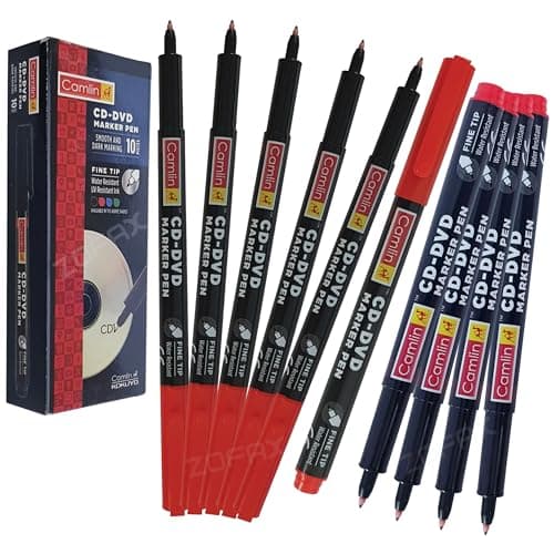 Image of CAMFIN Permanent Marker Pens, RED, Pack of 10, Fine Tip, Waterproof Ink, Write-4-All, Suitable for Multipurpose Use, Non-Smudge, iVAIDEX Black Ball Pen