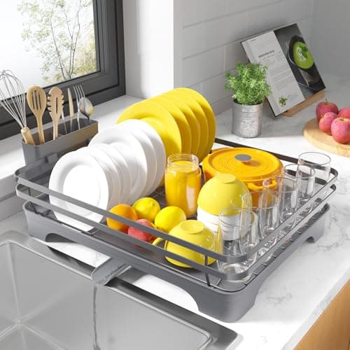 Image of Kitsure Dish Drainer Rack - Multi-Functional Dish Rack for Kitchen Counter with Cutlery Holder, Rust-Proof Storage Solution Dish Drainer with Rotatable, 40.0cm x 30.5cm x 14.0cm, Grey