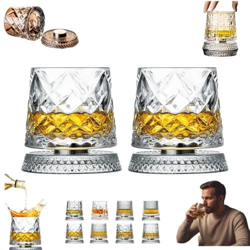 Image of 360 Degree Rotating Whiskey Glass, 2 Pack Rotating Crystal Whiskeys Tumbler Glass, Spinning Cocktail Glasses with Stable Decoupled Base, Unique Whiskey Gifts for Men Husband Father (Clear A)
