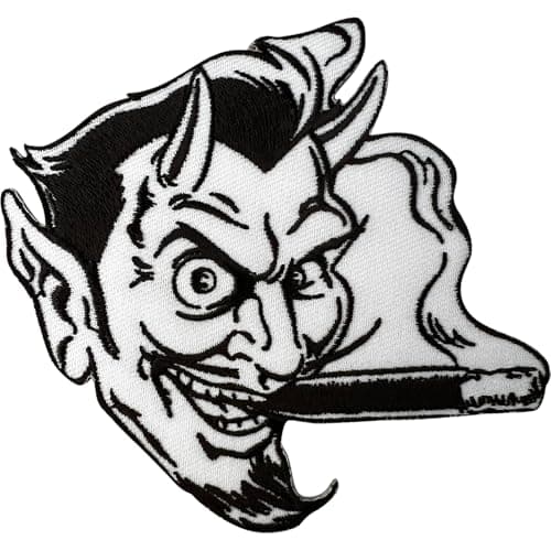 Image of Devil Smoking Patch Iron Sew On T Shirt Jeans Satan Black White Embroidery Badge