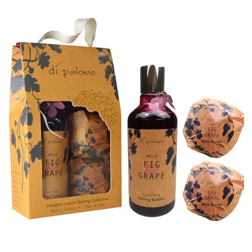Image of Di Palomo Vegan Wild Fig & Grape Indulgent Luxury Bathing Collection. Bathing Bubbles 300ml & 2 Bath Bombs. Bubble Bath Body Wash & Bath Bomb Bath Set. Vegan Bubble Bath & Shower Gel Gifts for Women.