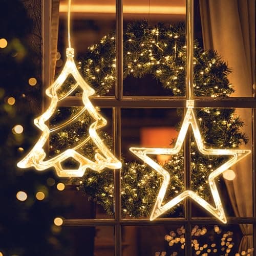Image of Jsdoin LED Christmas Window Light Stars and Christmas Tree, Twinkle Curtain Light Timer, Hanging Lights for Party Shop Window Xmas Decoration, Outdoor Indoor, Battery Powered(Warm Light)