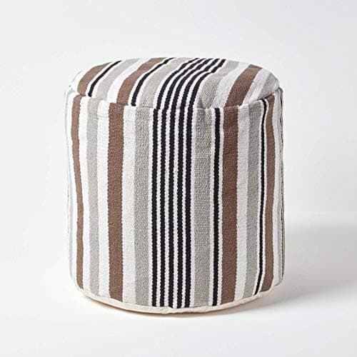 Image of HOMESCAPES Grey, Black and White Stripe Circular Beanbag Footstool with Filling - 45 cm round x 40 cm tall