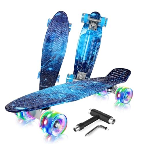 Image of BELEEV 22 inch Skateboards for Kids, Cruiser Skateboard for Girls Boys Teens Adults Beginners, LED Light up Wheels, Mini Skateboards Classic Complete Skate Board with Skate T-Tool, Max Load 220 LBS