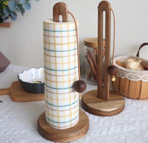 Image of Wooden Kitchen Roll Holder Free Standing, Acacia Wood Paper Towel Holder Stand for Kitchen Counter, Non Slip Towel Roll Holder Countertop, Farmhouse Organizer Fits Most Size Paper Roll