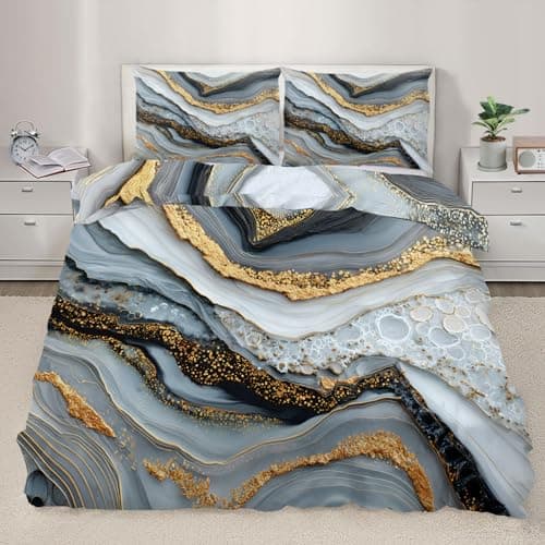 Image of YEMYOR Marble Comforter Cover, Grey White Marble Duvet Cover Double 200x200 cm, Luxury Microfiber Bedding Set with 2 Pillowcases