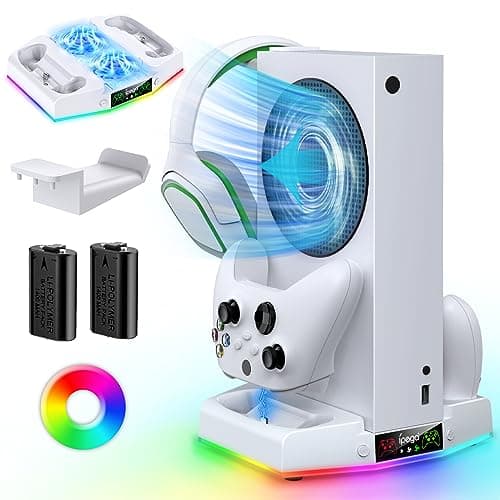 Image of Cooling Stand for Xbox Series S with Charging Station & RGB Light, MENEEA Low Noise Fan for Console & Fast Charger of Controller, Accessories with 2 * 1400mAh Rechargeable Batteries, Headphone Hook