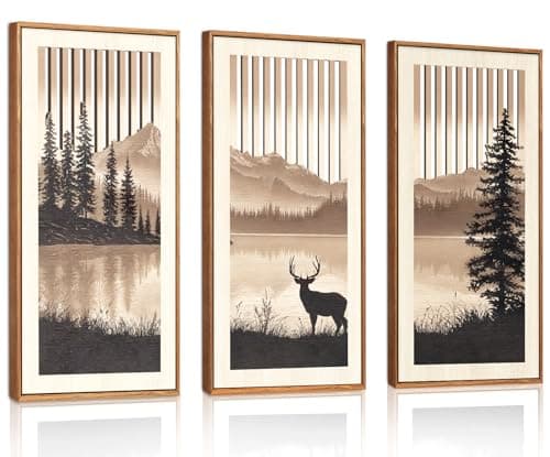 Image of HPNIUB 3 Pcs Mountain Deer Wall Decor Rustic Forest Lake Wood Wall Art Wilderness Landscape Artwork Cabin Lodge Sepia Tone Wall Decor Minimalist Silhouette Art for Living Room Bedroom 20x40cm