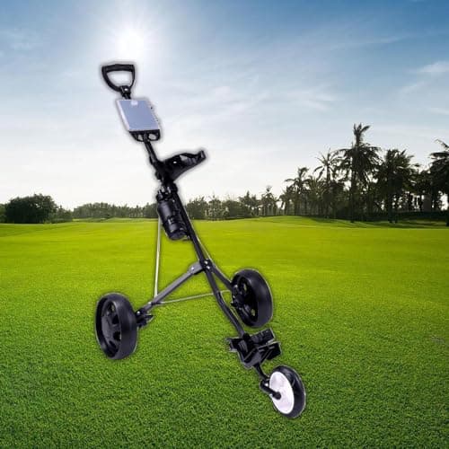 Image of IVhomeshop Folding Golf Push Pull Cart, 3 Wheels Lightweight Golf Trolley with Cup Holder Golf Pull Cart for Golf Clubs and Golf Bag high load capacity