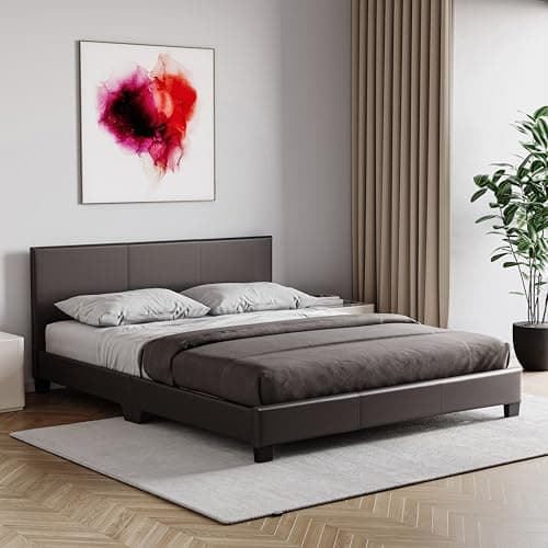 Image of Vida Designs Lisbon King Size Bed, 5Ft Bed Frame Upholstered Faux Leather Headboard Low Foot End Bedroom Furniture, Brown (UKFR Certified)